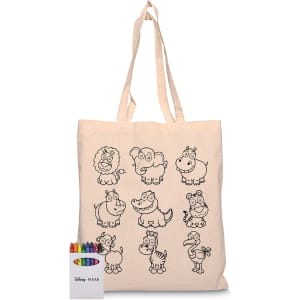 A cream calico tote bag featuring outlined animal characters and a box of coloured crayons.