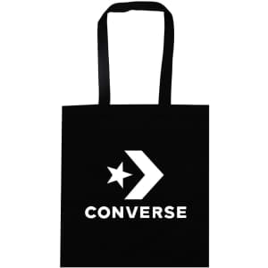 A black tote bag with a logo featuring a star and arrow, labelled "CONVERSE". It has shoulder-length straps.