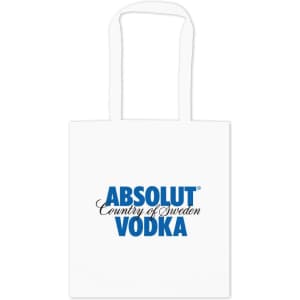 A white tote bag featuring a logo in blue text. It has two handles for carrying.