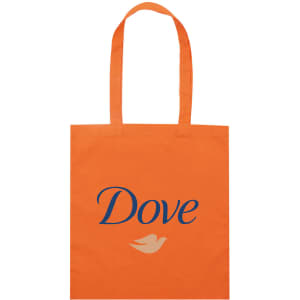 An orange tote bag featuring a logo and the word "Dove" in blue lettering. It has two handles for carrying.