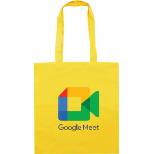 A yellow tote bag with short handles and a logo design featuring a camera icon and text.