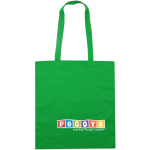 A green tote bag with two straps and a logo featured at the bottom.