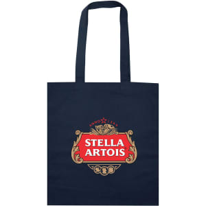 A navy blue tote bag with a decorative logo on the front and two sturdy handles.