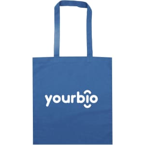 A blue tote bag with two handles and a logo printed on the front.