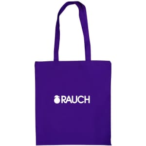 A purple tote bag with two handles and a logo on the front.