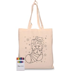 A natural canvas tote bag with a festive stocking design, accompanied by a set of colourful markers.