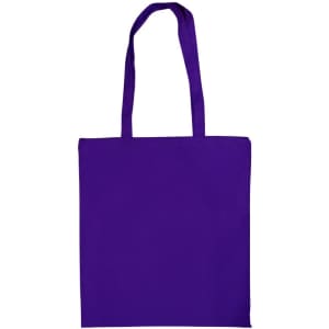 A purple calico tote bag with two handles and a simple, unadorned design. It features a logo on one side.
