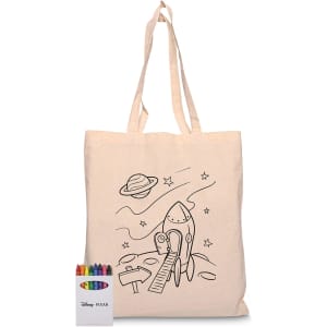 A natural canvas tote bag featuring a rocket design with stars and planets, alongside a pack of colourful markers.
