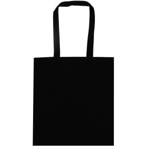 A black tote bag with two handles and a blank surface, featuring a logo on one side.