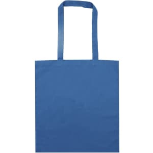A blue tote bag with long handles, featuring a plain design and no visible logos or text.