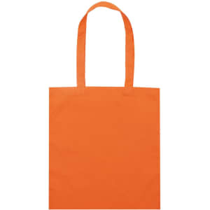 An orange tote bag with two handles and a blank surface, featuring a logo.