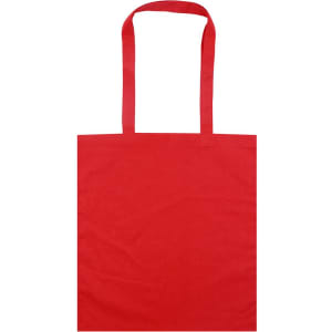 A red calico tote bag with two sturdy handles and no visible logos or text.