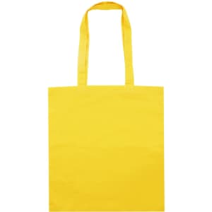 A vibrant yellow tote bag with two handles, featuring a plain design and a logo.