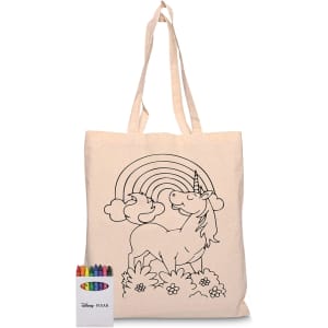 A calico tote bag featuring a unicorn design with a rainbow and clouds, accompanied by a set of coloured markers.