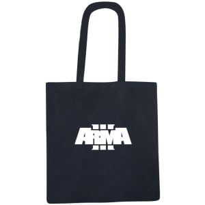 A black recycled cotton tote bag featuring a white logo. The bag has two handles for easy carrying.