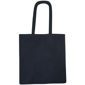A black recycled cotton tote bag with long handles and no visible logo or branding.