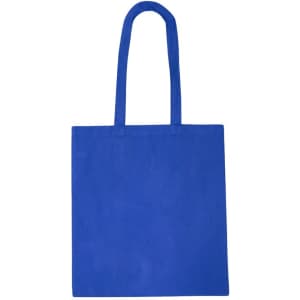 A blue recycled cotton tote bag with long handles and a logo on one side.