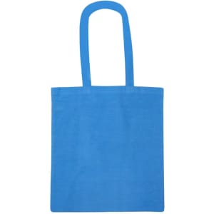 A blue recycled cotton tote bag with long handles and a simple design. It features a small logo.