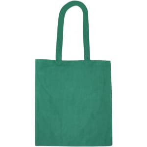 A green recycled cotton tote bag with two handles and a plain design. It has a branding logo on the front.