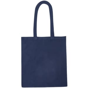 A navy blue tote bag with long handles and a plain design. It features a logo on one side.