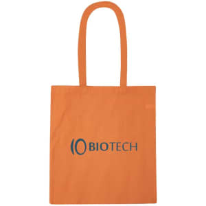 An orange recycled cotton tote bag with two handles and a logo on the front.