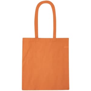 An orange tote bag with two long handles and a simple design. It has a branding logo.