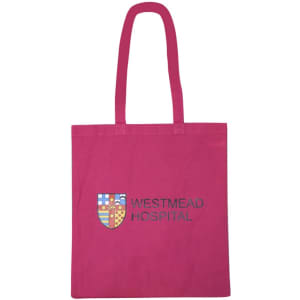 A vibrant pink cotton tote bag with long handles and a logo on the front.