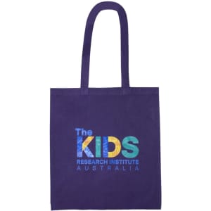 A purple tote bag with colourful branding and a logo, designed for promotional use.