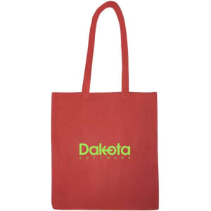 A red tote bag with long handles and a logo printed in green.