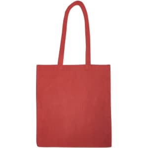 A red recycled cotton tote bag with two sturdy handles and a simple design. It features a logo.