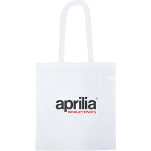 A white tote bag with two handles and a logo printed on the front.