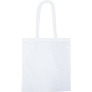 A white tote bag with two handles, featuring a minimalist design and a small logo or branding on it.