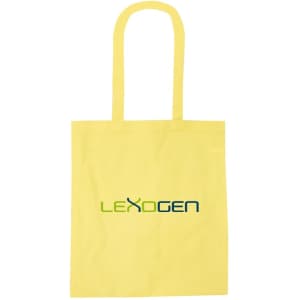 A yellow recycled cotton tote bag with handles and a logo on the front.