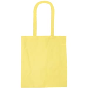 A yellow recycled cotton tote bag with two handles and a simple design. It has a logo on one side.