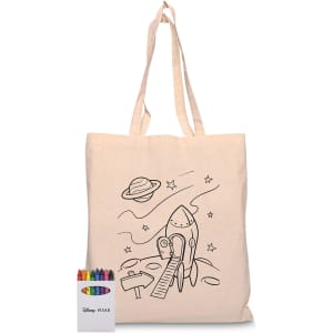 A cream tote bag featuring a rocket design and a crayon set with multiple colours.