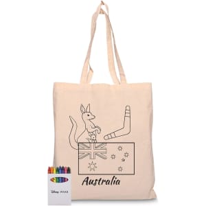 A cream calico bag featuring an Australian flag design with a kangaroo and a crayon set in various colours.