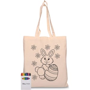 A calico bag featuring a bunny design and a crayon set with multiple colours. The bag has a logo.