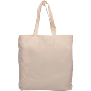 A beige calico tote bag with gusset and two handles. It features a plain design and includes a logo.