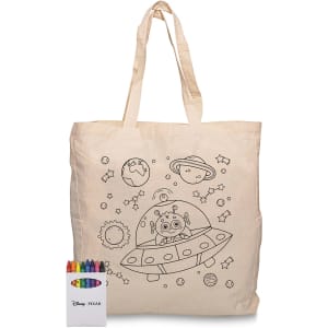 A cream calico tote bag featuring a space-themed colouring design, alongside a set of colourful crayons.