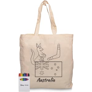 A calico tote bag featuring an Australian design, accompanied by a set of colourful crayons.