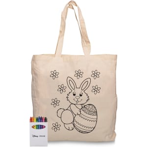 A cream calico bag featuring a colouring design of a bunny and flowers, accompanied by a set of crayons.