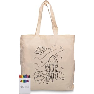 A cream-coloured calico bag featuring a rocket and space scene, accompanied by a set of colourful crayons.