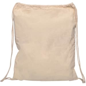 A cream-coloured Calico drawstring bag with a simple design and a drawstring closure. It features a logo.
