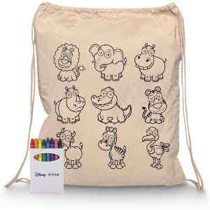 A beige drawstring bag featuring outlined animal illustrations and a set of coloured crayons beside it.