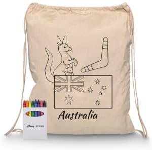 A cream drawstring bag featuring an illustration of a kangaroo and the Australian flag, accompanied by a crayon set in vibrant colours.
