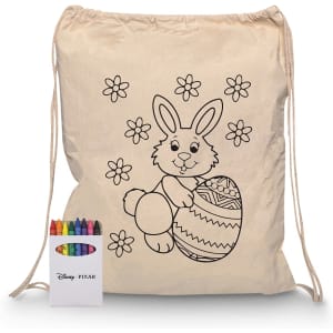 A cream drawstring bag featuring a bunny design, accompanied by a crayon set in various colours.