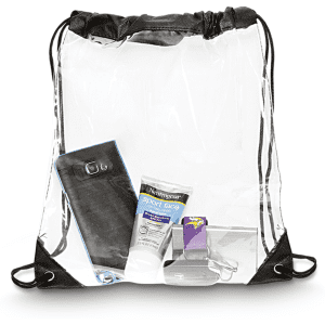 A transparent drawstring bag with black edges containing a phone, sunscreen, and other small items.