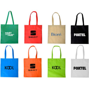 Nine shopping tote bags in various colours: green, black, beige, orange, white, and lime, each featuring a logo.