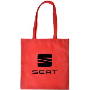 A red shopping tote bag with a gusset and a logo printed on the front.