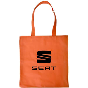 An orange shopping tote bag with sturdy handles and a logo on the front.